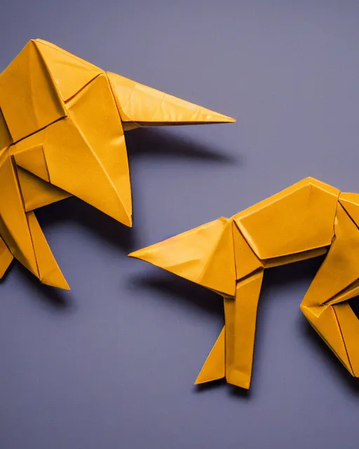 Prompt: high quality presentation photo of origami dinosaurs, photography 4k, f1.8 anamorphic, bokeh, 4k, Canon, Nikon