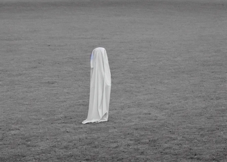 Image similar to white sheet ghost standing in an empty field, by jean charlot