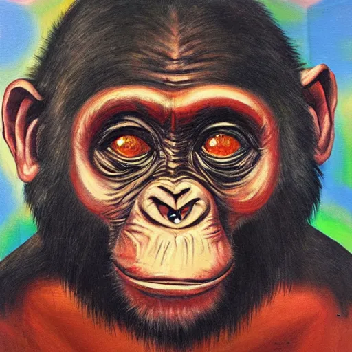 Image similar to portre of an autistic demonic chimpanzee on acid, masonic and kabalistic symbols in background, oil painting