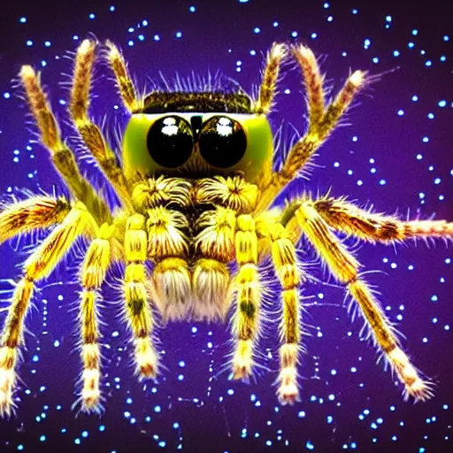 Prompt: a jumping spider using tiny computer keyboard tiny, scrolling computer mouse, music show, party lights, n minus infinity, s to infinity, macro lens, iridescent, photomontage