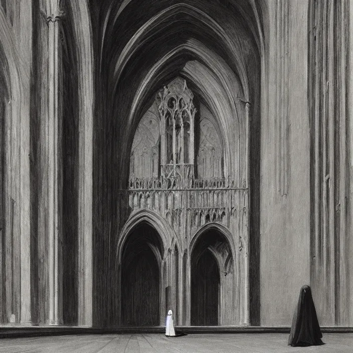 Image similar to woman in black robes, back to us, in magnificent cathedral like structure that sell fruit, artstation, art by edward hopper, zdislav beksinski, wayne barlowe, edward hopper