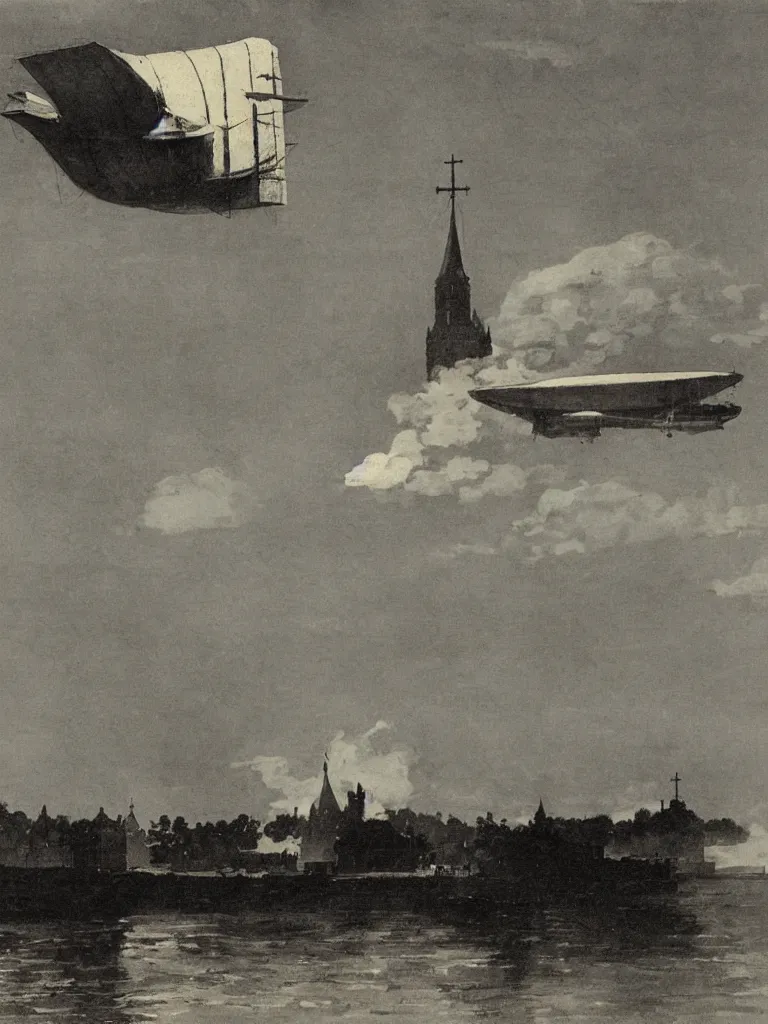 Image similar to a large dieselpunk airship standing over a white church in russia in 1 9 1 0, by winslow homer