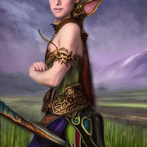 Image similar to fantasy portrait of an elf warrior with a field in the background