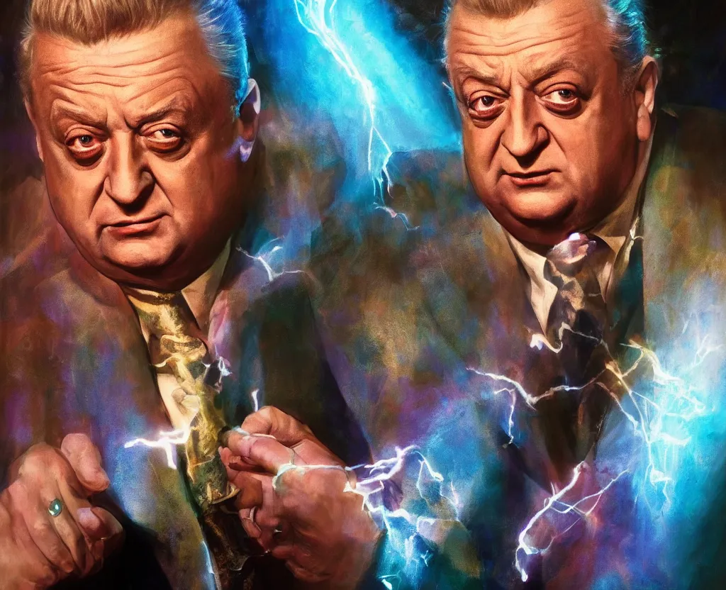 Image similar to dramatic portrait of Rodney Dangerfield from above the law, bloomed lighting, angelic, futuristic, beautiful colors, slightly golden, very sharp likeness, very detailed, chopping hands, electrical details, cinematic lighting high details, 4k, 8k, trending on artstation, ultra-realism