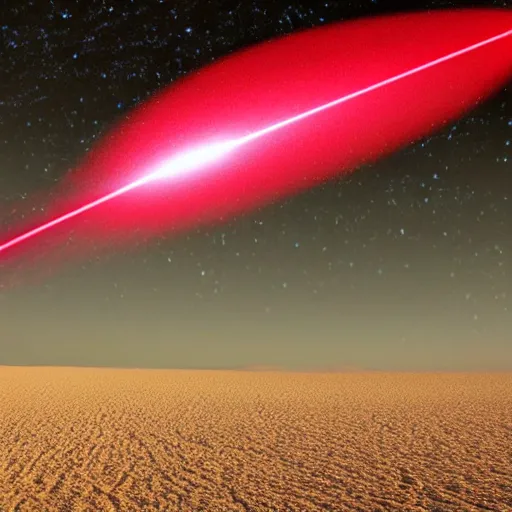 Prompt: a photograph of a ufo shooting destructive red laser on a desert at night