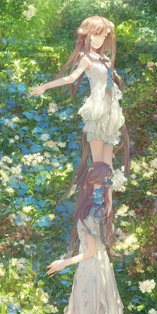 Image similar to a digital art of a loli with long hair in a dress in the privet garden at after noon, green and blue and warm theme, back lighting, by krenz cushart and mucha and akihito yoshida and greg rutkowski and makoto shinkai, highly detailed, 4 k resolution, trending on art station