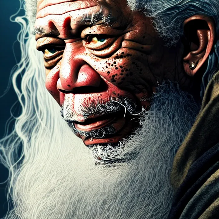 Image similar to morgan freeman starring as gandalf in lord of the rings, epic professional digital art, best on artstation, cgsociety, wlop, behance, pixiv, cosmic, epic, stunning, gorgeous, much detail, much wow, masterpiece by dorian cleavanger and stanley lau