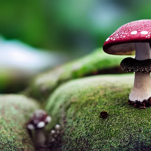 Image similar to macro photo with a mushroom character with cute eyes and mycelium, very close to real nature, natural colors and natural surroundings, painted patterns and coloring on mushrooms, 8K, highly detailed