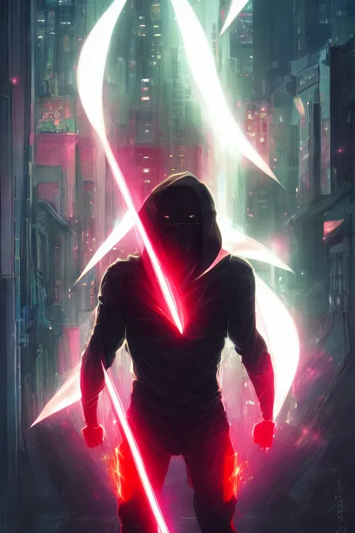 Image similar to portrait of ninja slayer, japan, neon lightning, night city, highly detailed, digital painting, trending on artstation, concept art, sharp focus, illustration, art by artgerm and greg rutkowski and magali villeneuve