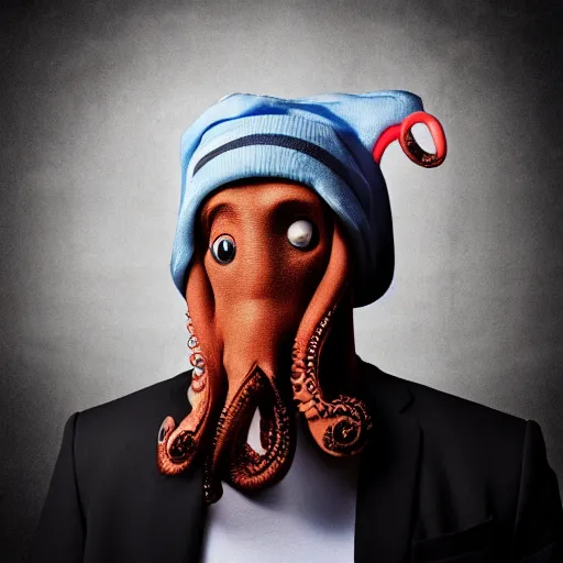 Prompt: portrait of an anthropomorphic octopus wearing a chef's toque, looking at the camera, sinister, studio lighting, low lighting, realistic photo