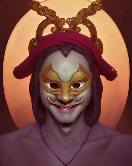 Image similar to portrait of disney happy mask salesman from zelda, intricate, elegant, highly detailed, my rendition, digital painting, artstation, concept art, smooth, sharp focus, illustration, art by artgerm and greg rutkowski and alphonse mucha and uang guangjian and gil elvgren and sachin teng and wlop, symmetry!!