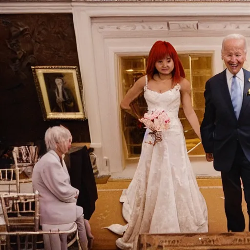 Image similar to professional photograph of Joe Biden and Asuka Langley getting married, very detailed, very intricate, 8k,