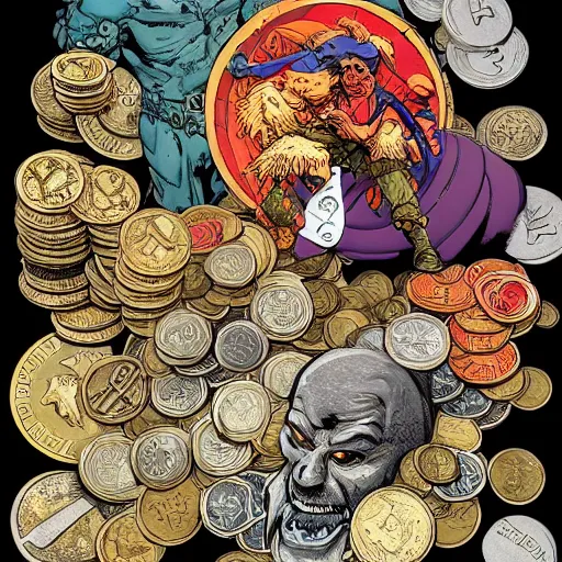 Prompt: precisely drawn illustration of pile of various coins, wide angle, sharp, fine details, french comic style, vibrant realistic colors, full color, heroic fantasy, intense line art, 8 k, precise linework, realistic, in the style of heavy metal comics and richard corben and moebius