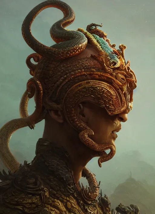 Prompt: Helmet of a forgotten Deity with a snake winding around it, corals, plume made of seaweed, extremly detailed digital painting, in the style of Fenghua Zhong and Ruan Jia and jeremy lipking and Peter Mohrbacher, mystical colors, rim light, beautiful lighting, 8k, stunning scene, raytracing, octane, trending on artstation