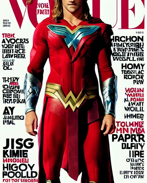 Prompt: chris hemsworth as wonderwoman, vogue cover photo