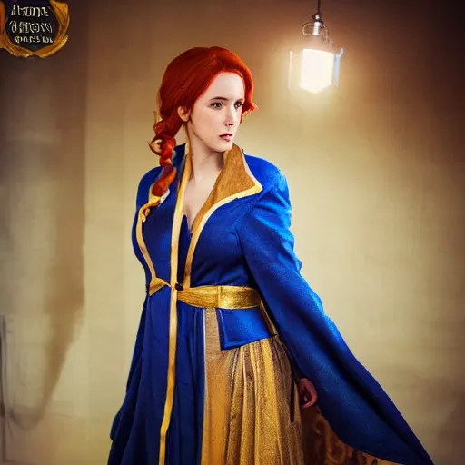 Image similar to Triss Merigold cosplay, beautiful ornate blue and gold robe, golden ornamental leaf shaped festoon, warmly lit posh study, cinematic dramatic lighting, gorgeous young female supermodel, highly detailed