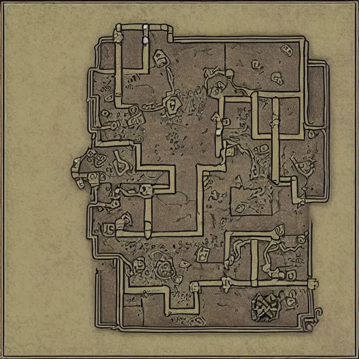 Prompt: dungeon map by dysonlogos, nine rooms, map of osr dungeon