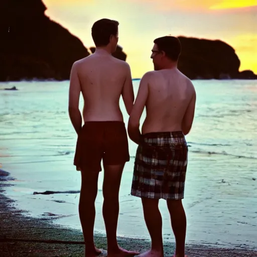 Image similar to vintage gay couple at the beach, nostalgic photography, sunset