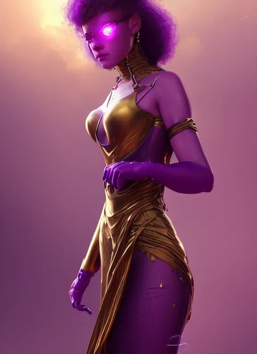 Image similar to young woman wearing dress : : purple - gold streets cyberpunk : : weta disney pixar movie still photo : : decadent highly - detailed digital painting, heroic pose, full length shot, golden ratio, octane render, artstation, smooth, sharp focus, artgerm, mucha, loish, wlop, gogo