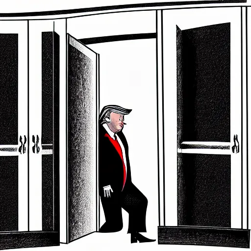 Prompt: storybook illustration of an open wardrobe revealing the entrance to a fantastic world featuring donald trump, storybook illustration, monochromatic