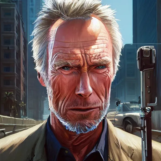 Image similar to highly detailed portrait, clint eastwood, in gta v, stephen bliss, unreal engine, fantasy art by greg rutkowski, loish, rhads, ferdinand knab, makoto shinkai and lois van baarle, ilya kuvshinov, rossdraws, tom bagshaw, global illumination, radiant light, detailed and intricate environment