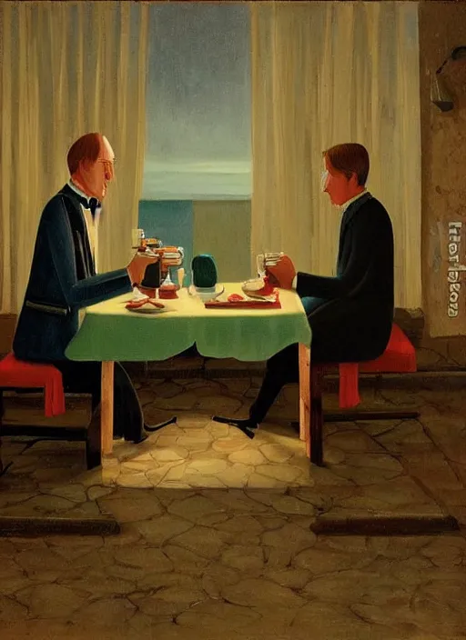 Prompt: A couple having a lonely dinner on a Saturday night painted by Marius Van Dokum, cinematography of Wes Anderson