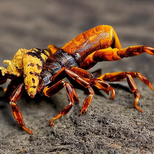 Prompt: image of scorpion about to strike tail curled pincers forward