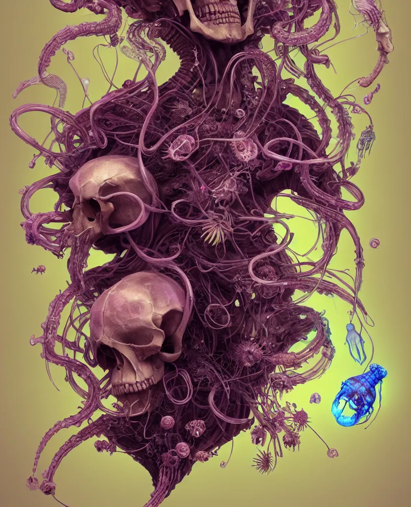 Image similar to goddess close-up portrait ram skull, thorax, x-ray, backbone, jellyfish phoenix head, nautilus, orchid, skull, betta fish, bioluminiscent creatures, intricate artwork by Tooth Wu and wlop and beeple. octane render, trending on artstation, greg rutkowski very coherent symmetrical artwork. cinematic, hyper realism, high detail, octane render, 8k