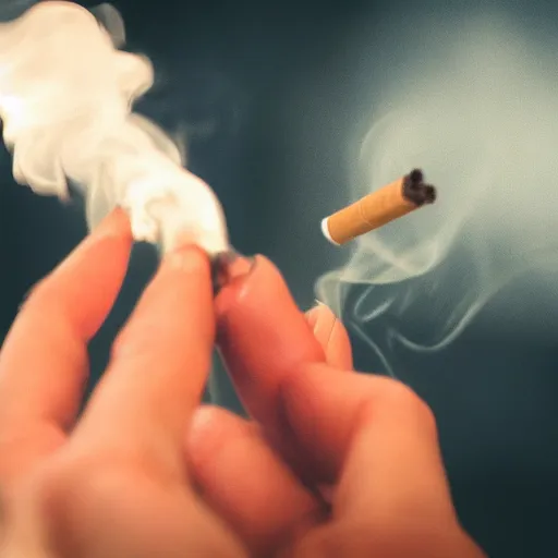 Prompt: Close-up of soft hand holding cigarette with smoke, hyper realistic photo, 4K