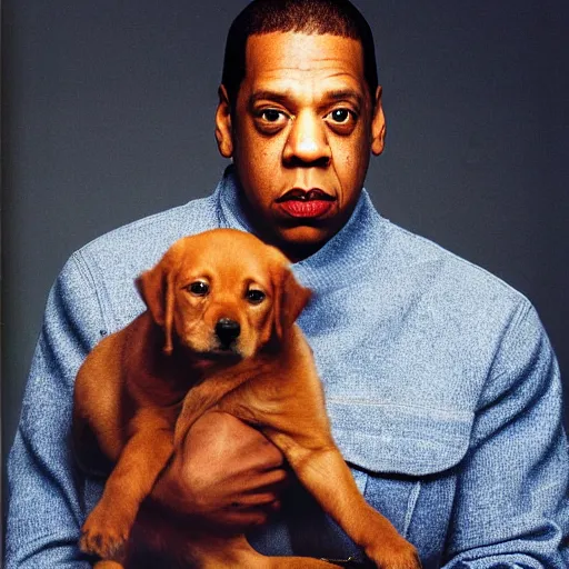 Prompt: JAY Z holding a puppy for a 1990s sitcom tv show, Studio Photograph, portrait C 12.0