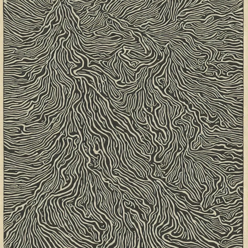 Image similar to optical illusion woodblock print, erupting volcano stamp pattern