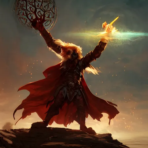 Image similar to Anthropomorphized Dog casting epic spell, magic the gathering artwork, D&D, fantasy, cinematic lighting, centered, symmetrical, highly detailed, digital painting, artstation, concept art, smooth, sharp focus, illustration, volumetric lighting, epic Composition, 8k, art by Akihiko Yoshida and Greg Rutkowski and Craig Mullins, heroic pose, oil painting, cgsociety, magic lab background