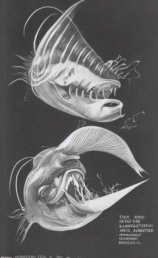 Image similar to illustration of an anglerfish, 1 9 0 0 s, highly detailed