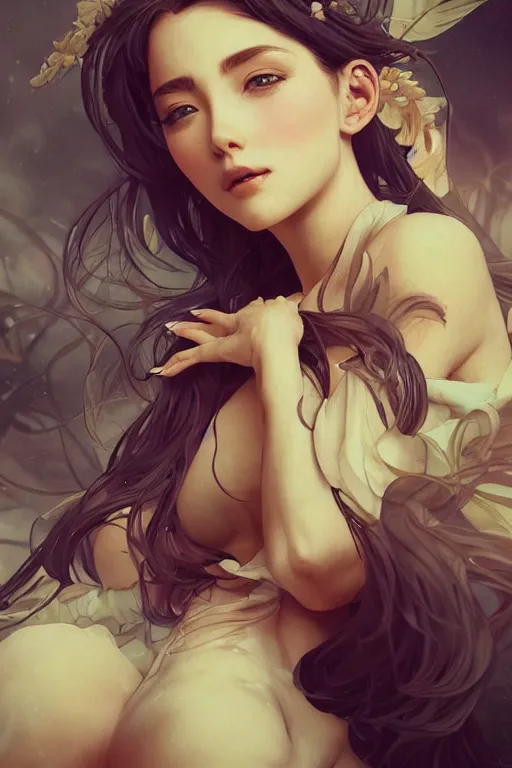 Image similar to full body emotional beauty portrait in the style of artgerm, wlop, greg rutkowski, alphonse mucha and ayami kojima, realistic details, volumetric lighting, very very very very beautiful face, seductive look, trending on artstation, artstationhd, artstationhq, unreal engine, 4 k, 8 k