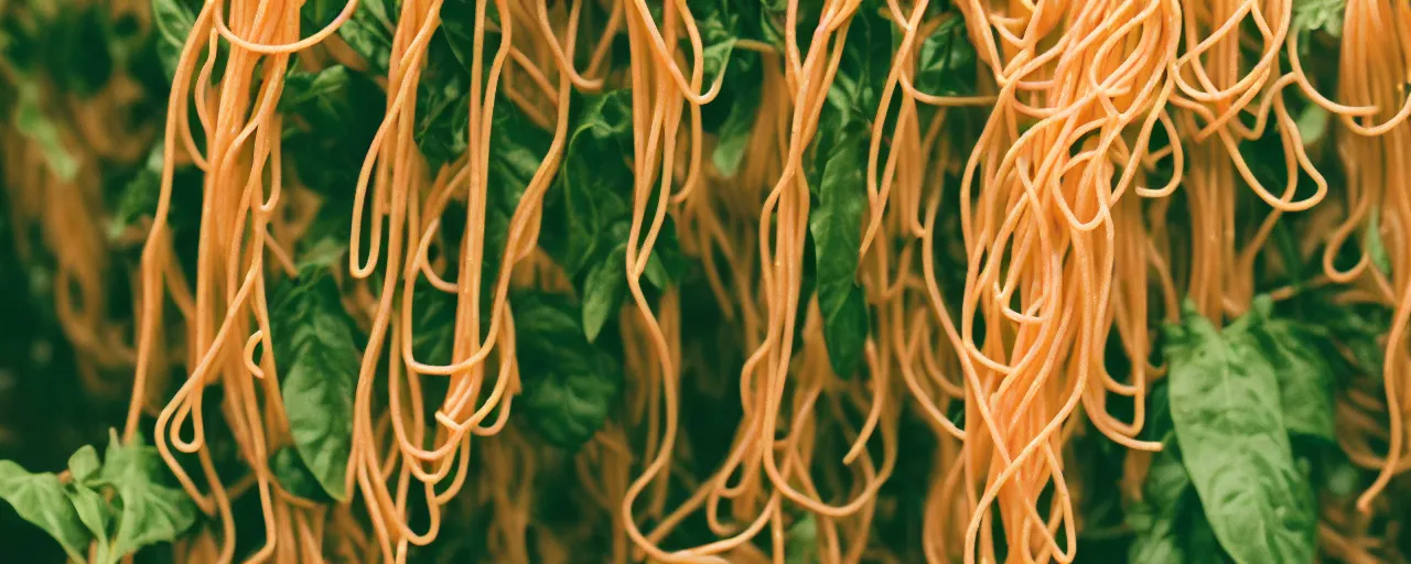 Image similar to zoomed in shot of spaghetti growing off a plant, on a bountiful farm, canon 5 0 mm, cinematic lighting, photography, retro, film, kodachrome