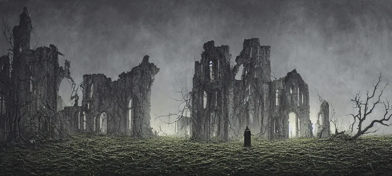 Prompt: Detail on scene, where terrified priest with tormented eyes is aiming the crucifix at grey ugly Alien, in a darkened room of a ruined castle, a dark, menacing atmosphere, horror,the essence of evil, in the style of Lee Madgwick