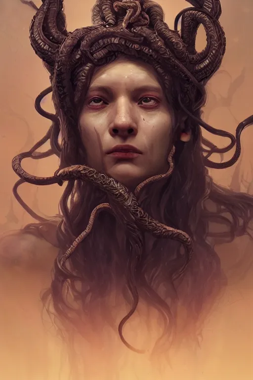 Image similar to A beuatiful portrait a horrific medusa by Greg Rutkowski, Sung Choi, Mitchell Mohrhauser, Maciej Kuciara, Johnson Ting, Maxim Verehin, Peter Konig, Bloodborne , 8k photorealistic, cinematic lighting, HD, high details, dramatic, atmospheric , trending on artstation