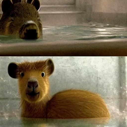 Prompt: the scene of a capybara sitting in a steaming bathtub in the animated movie spirited away by hayao miyazaki, studio ghibli, animated movie, anime, beautiful