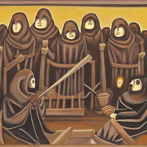Prompt: several hooded disciples in purge masks, gathered in a brutalist courtyard, performing incantations over a fire in a barrel, by PJ Crook, oil on canvas
