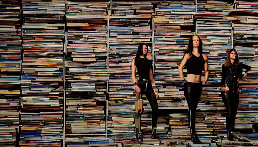 Prompt: warrior women guarding a wall of records, synthesizers, turntables and computers, dark, realistic, intimidating