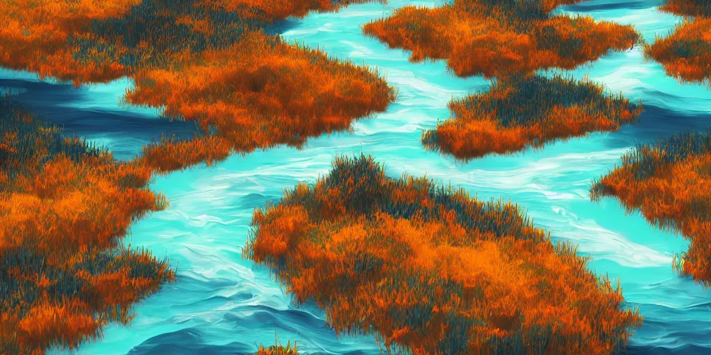 Prompt: abstract 3d landscape painting with a river at noon by james jean and David Schnell painted in no mans sky style, redshift, octane