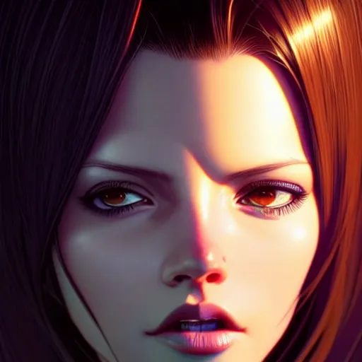 Image similar to kim beckinsale in shock, occlusion shadow, specular reflection, rim light, unreal engine, range murata, artstation, pinterest, art by hiroaki samura and ilya kuvshinov and rossdraws, intricate, highly detailed 8 k, art deco illustration, realistic, extremely beautiful shape of face, neck, shoulders eyes