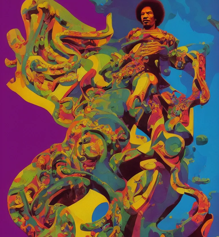 Prompt: colourful biomorphic temple, jimi hendrix full body, by pascal blanche and roger dean and greg hildebrandt, 8 k