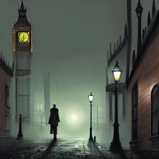 Prompt: jack the ripper lurking in a dark alleyway, one point perspective, full moon, foggy night, black alley cat, cobblestone road, stone arch, big ben, digital painting, hyperrealistic, macabre, spooky, trending on artstation