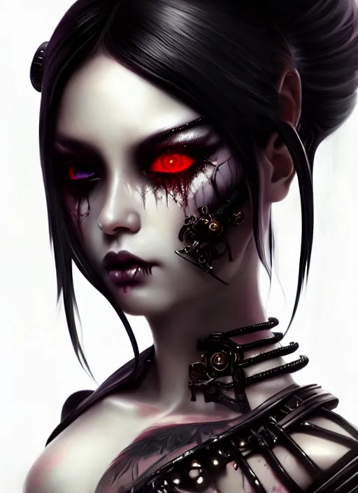 Image similar to soft lustrous ebony geisha seductive raver yakuza gothic cyborg, decay, underworld, dark fantasy, dark art, highly detailed, digital painting, octane render, artstation, concept art, smooth, sharp focus, illustration, art by artgerm, loish, wlop