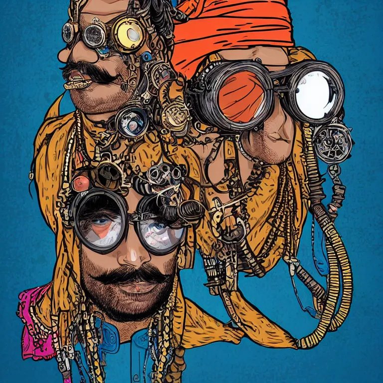 Image similar to face portrait of an indian man with long neon moustache rajasthani pagdi wearing madmax style steampunk goggles and steampunk jewelry, art by butcher billy, sticker, colorful, illustration, highly detailed, simple, smooth and clean vector curves, no jagged lines, vector art, smooth