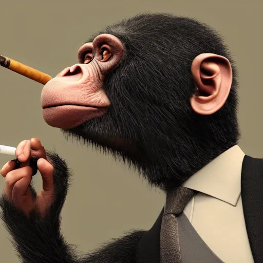 Image similar to a high detail closeup shot of a chimp wearing a suit 👔,and smoking a cigarrette🚬, cgcosiety, artstation, unreal engine, realism