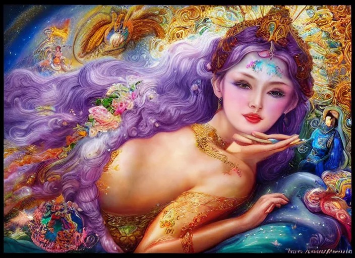 Prompt: a celestial goddess on her day off watching tiktoks in bed, magic realism, art by josephine wall, art by huang guangjian, art by viktoria gavrilenko, art by amanda sage, trending on artstation h 7 0 4