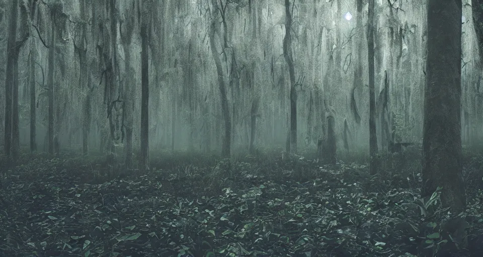 Prompt: A dense and dark enchanted forest with a swamp, with Octane