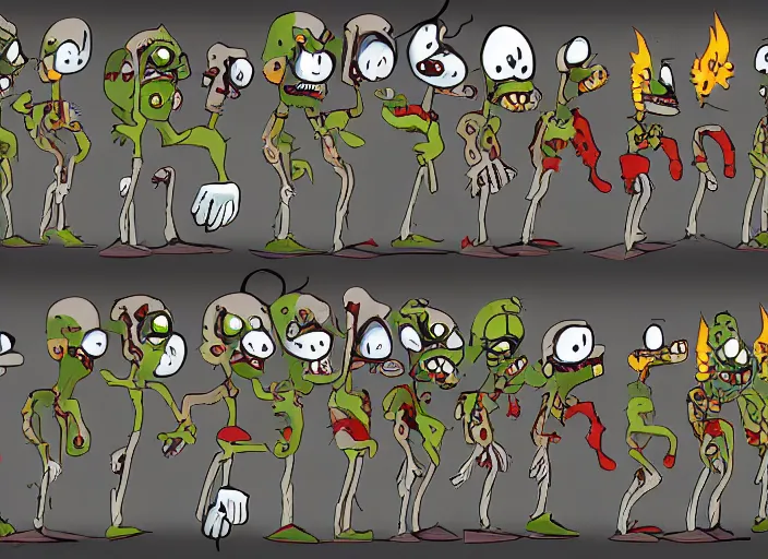 Image similar to sprite sheet of a zombie walking in cuphead, 6 frames, trending on artstation, video game